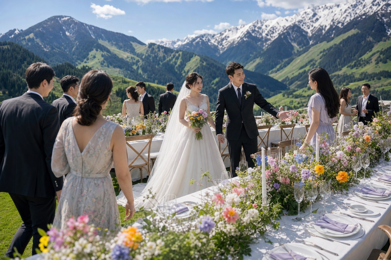 雪山草地婚礼宴席上,新娘穿着婚纱与新郎迎接宾客