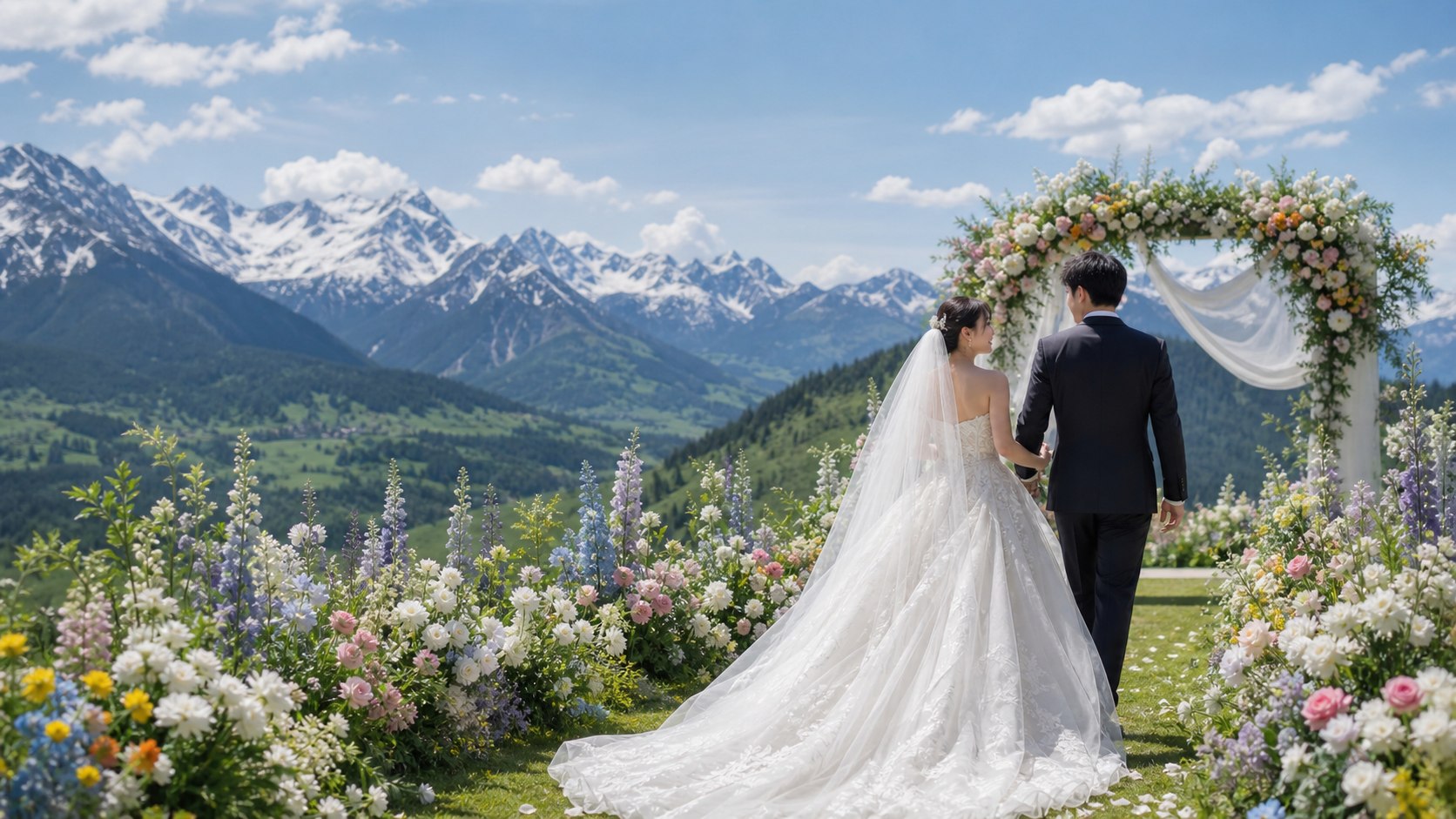 雪山草地婚礼现场,新娘穿着白色婚纱与新郎走向鲜花仪式区